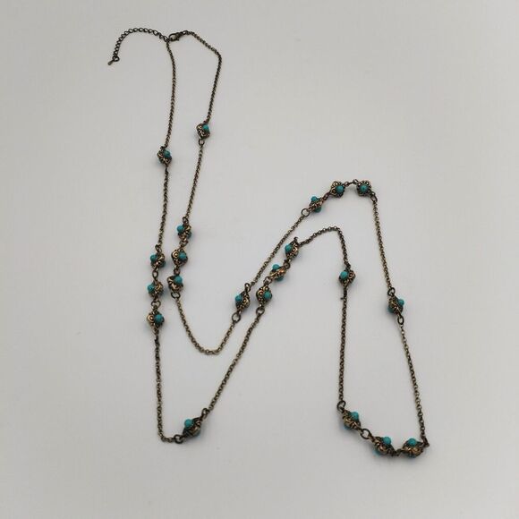 Gold Tone And Teal Turquoise Colored Floral Long Necklace 25 Inches‎ - Picture 3 of 8